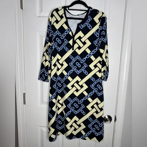 J. MCLAUGHLIN Catalina Chain Link Dress Navy Cream Size L - Picture 1 of 5
